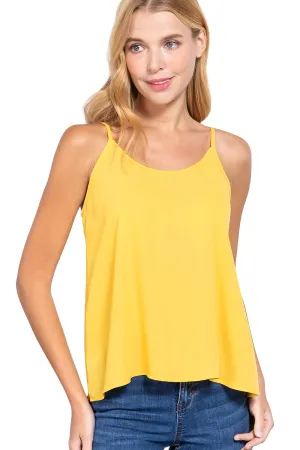 Womens- Round Neck Back Cross Strappy Woven Camisole Top